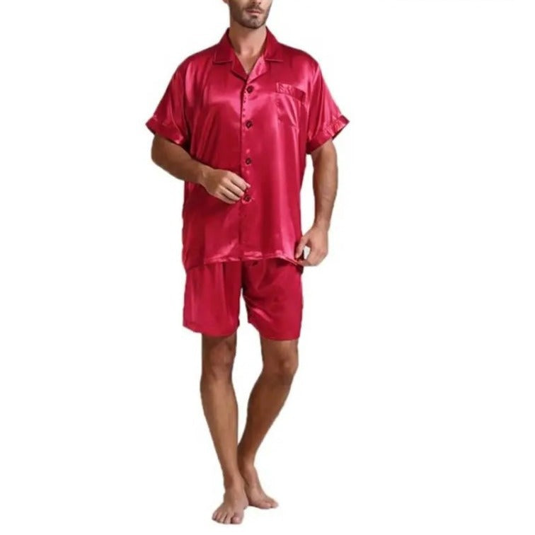 Unisex nan silke-glinsende kortærmet pyjamasæt med skjorte-krave og elastisk linning Skovae