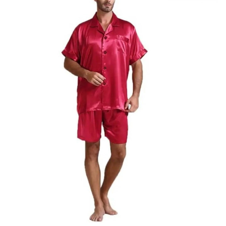 Unisex nan silke-glinsende kortærmet pyjamasæt med skjorte-krave og elastisk linning Skovae