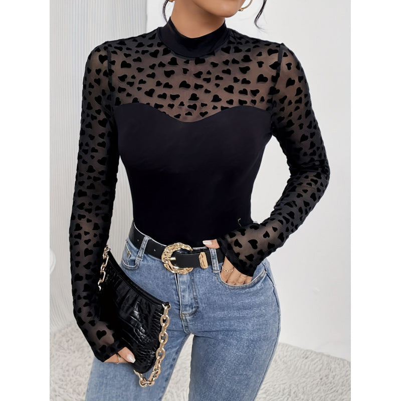 Dame Langærmet Bodystocking med transparente hjerter og elegant høj krave Skovae