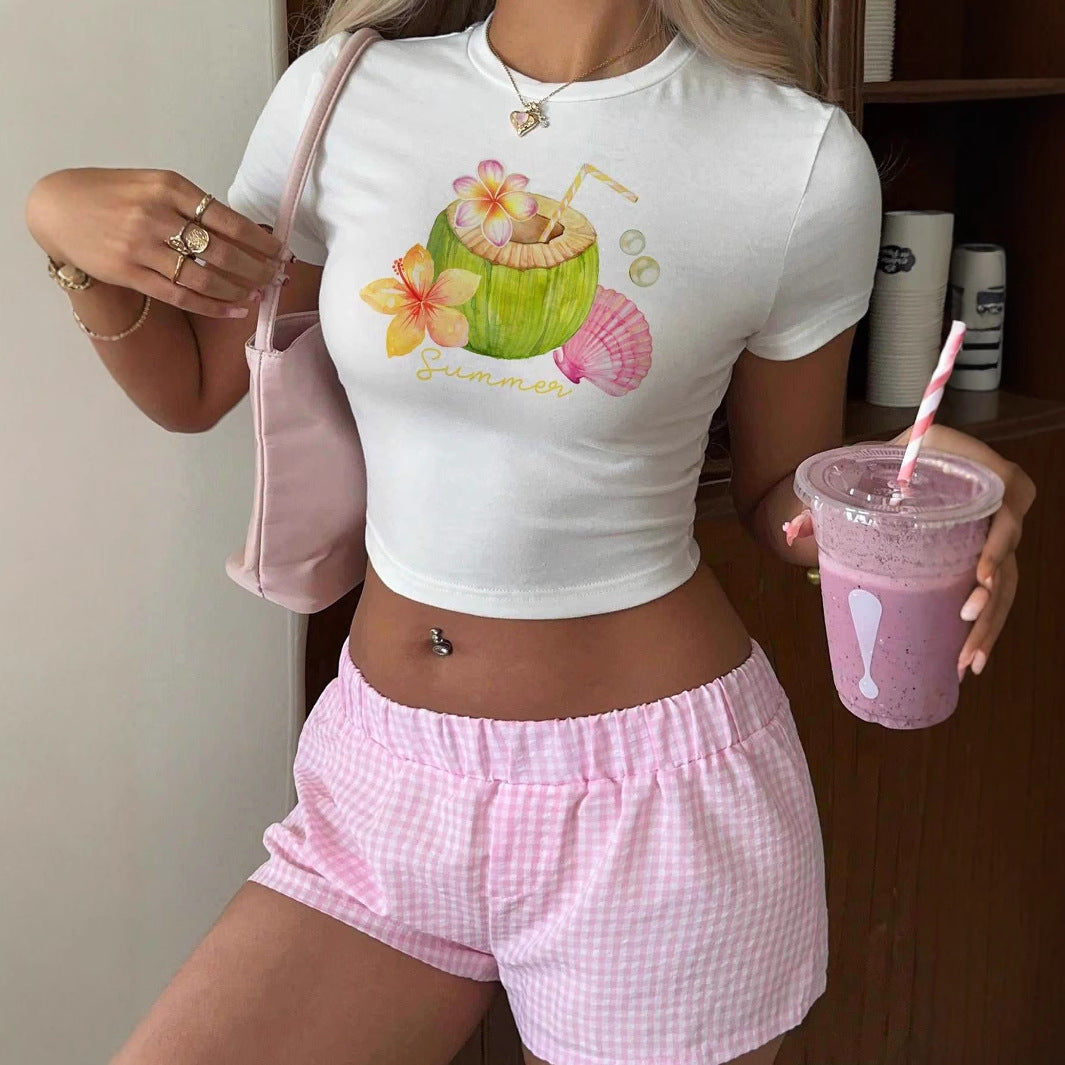 Dame Crop-Top med frugtagtig sommerdesign og afslappet snit Skovae