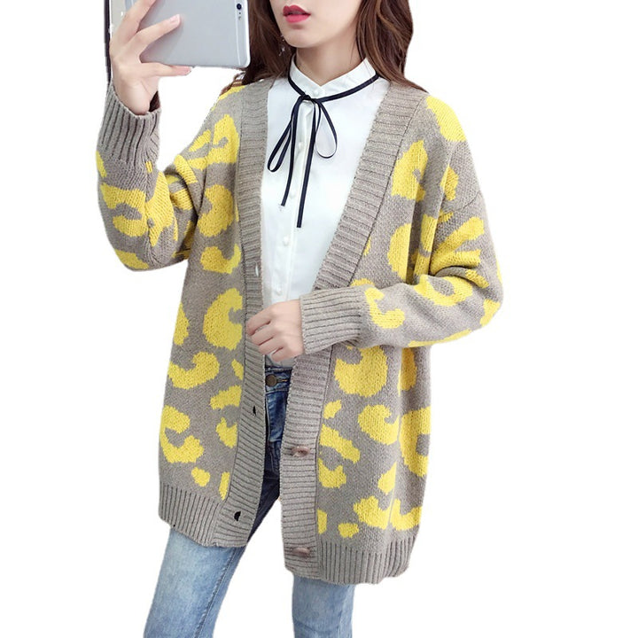 Kvinder's Stor Strik Cardigan med Leopard Mønster og Knap Detaljer Stilla