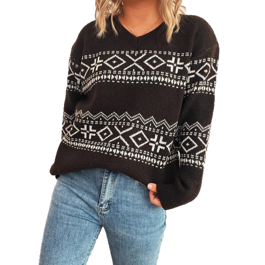 Kvindernes V-hals sweater med skandinavisk mønster og løs pasform Stilla
