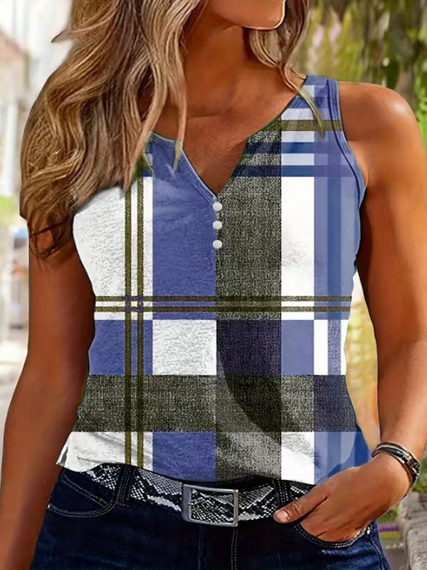 Dame Stiligternet Ruteret Button-Up Tanktop Stilla