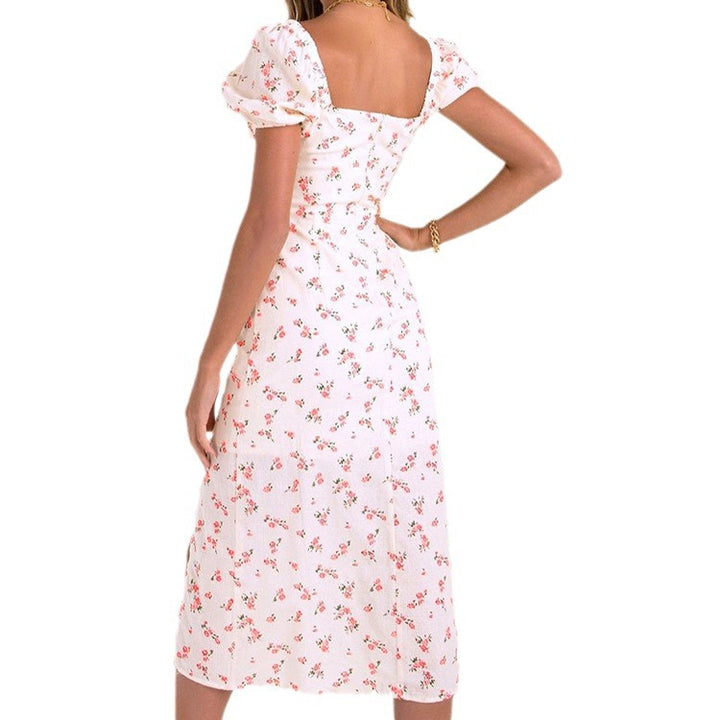 Dame Floral Midi Kjole med Puffærmer og Sideslids Stilla