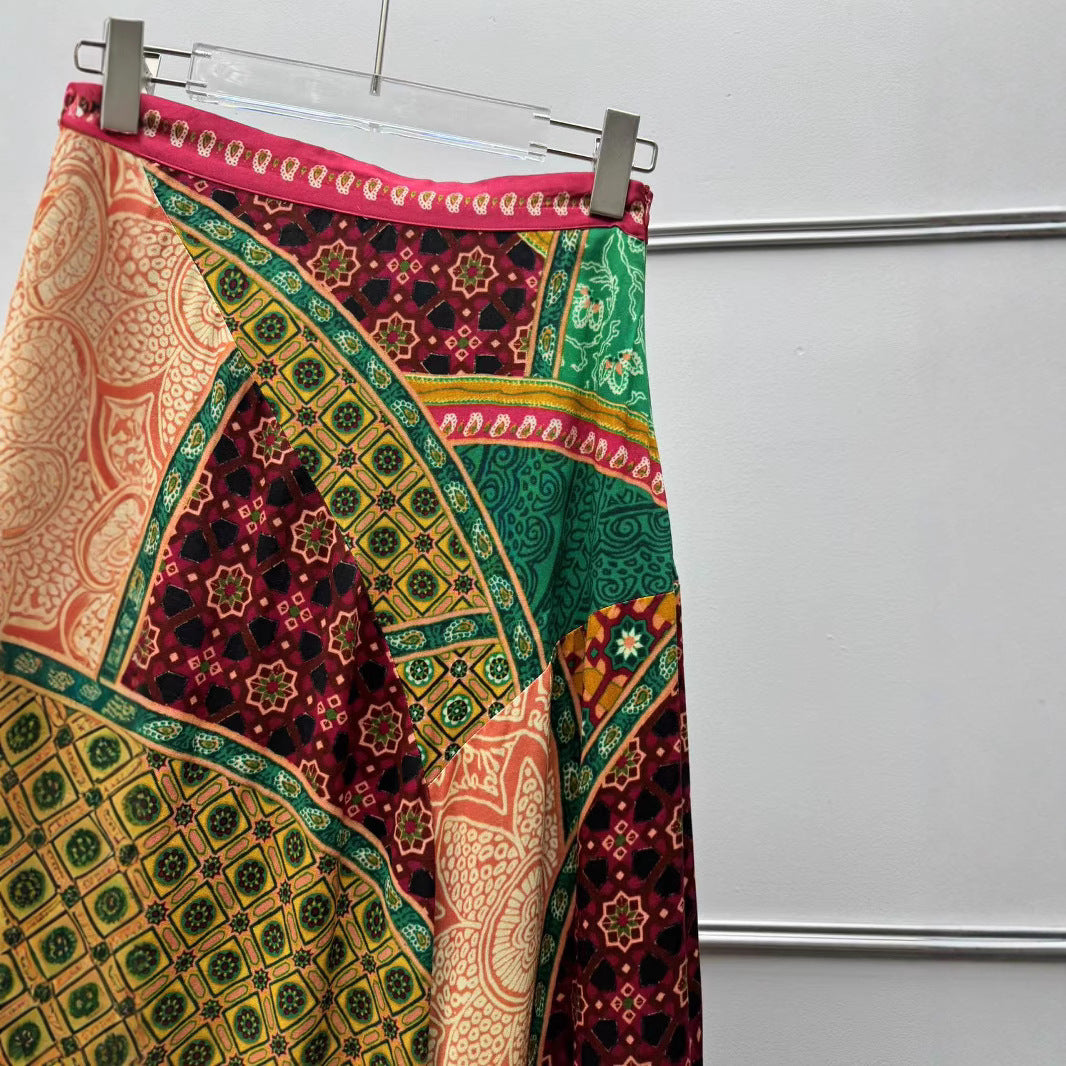 Dame Maxiskørt med kunstnerisk patchwork-design og elastisk talje Stilla