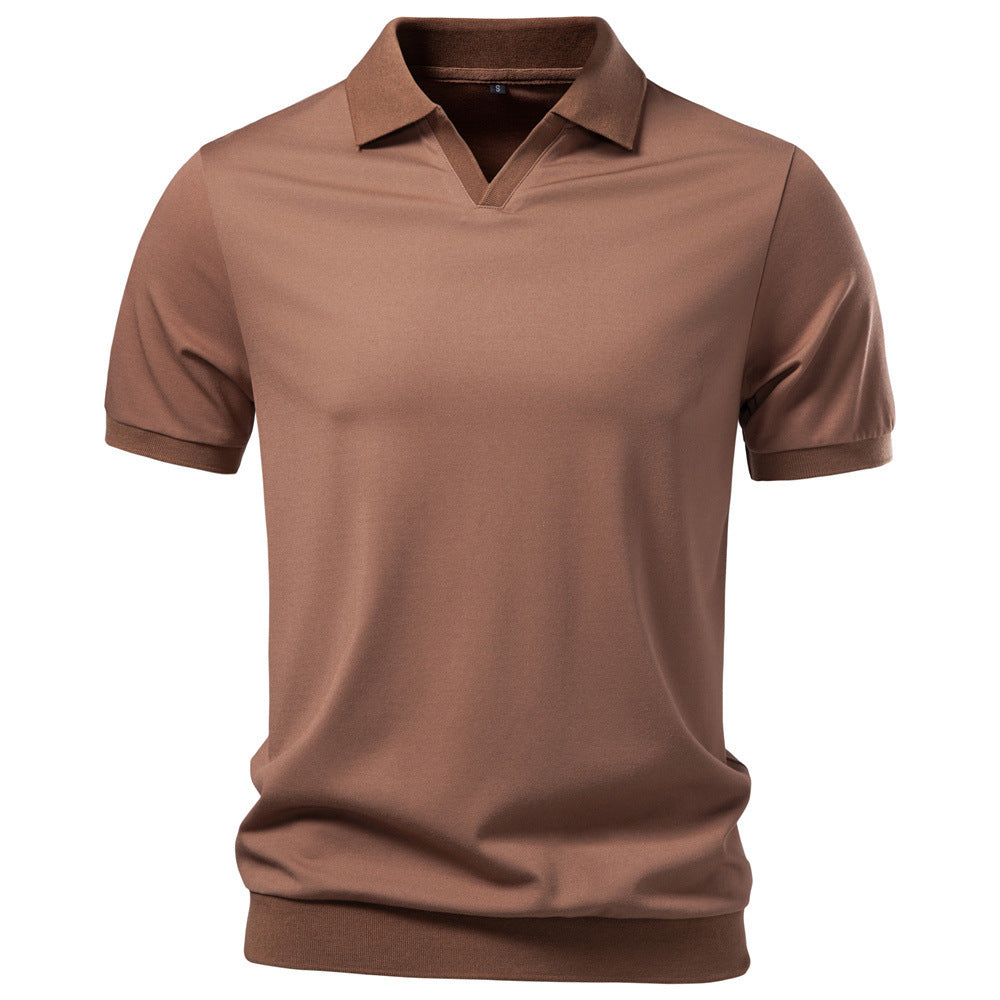 Herren nan finstrikket kortærmet poloshirt med åbent V-krave og elastisk kant Skovae