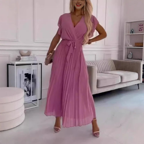 Dame maxikjole med elegant omslagsdesign og svajende flæserkirtel Stilla