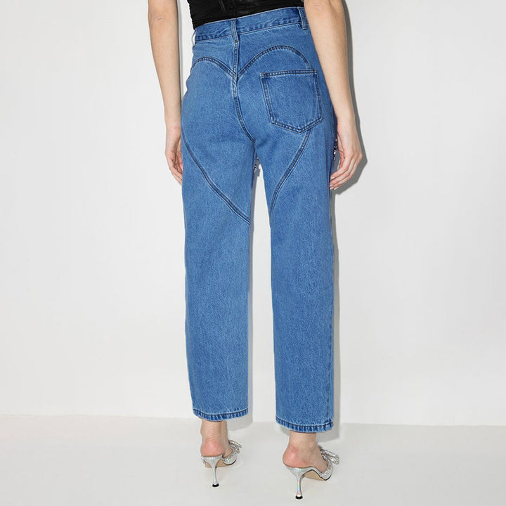 Dame højskårne jeans med stribede cut-out-detaljer og stilfulde strass-applikationer Stilla