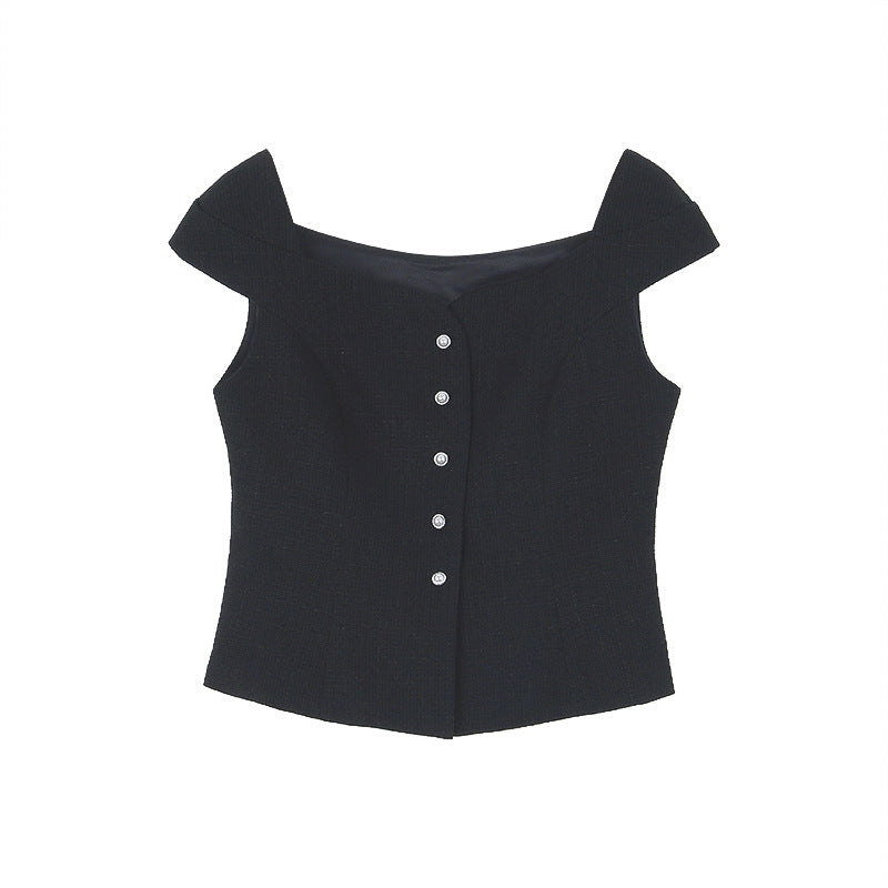 Dame ærmeløs bluse skjorte med elegant V-udskæring og moderne knapdesign Stilla