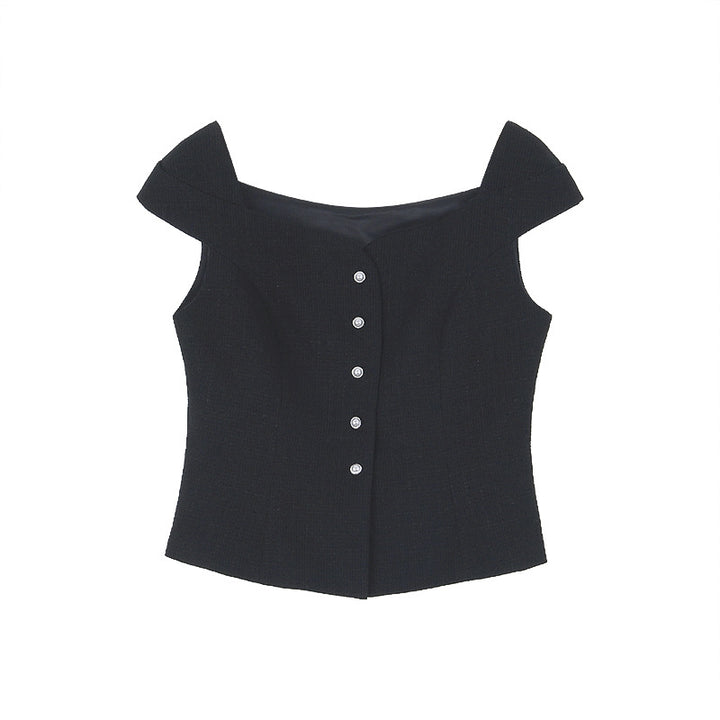 Dame ærmeløs bluse skjorte med elegant V-udskæring og moderne knapdesign Stilla