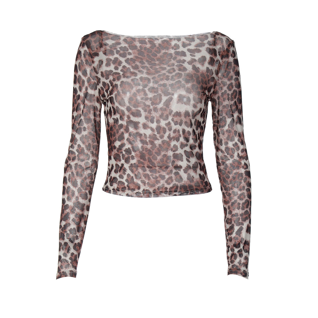 Damer Gennemsigtig Langærmet Bluse med Leopardmønster Skovae