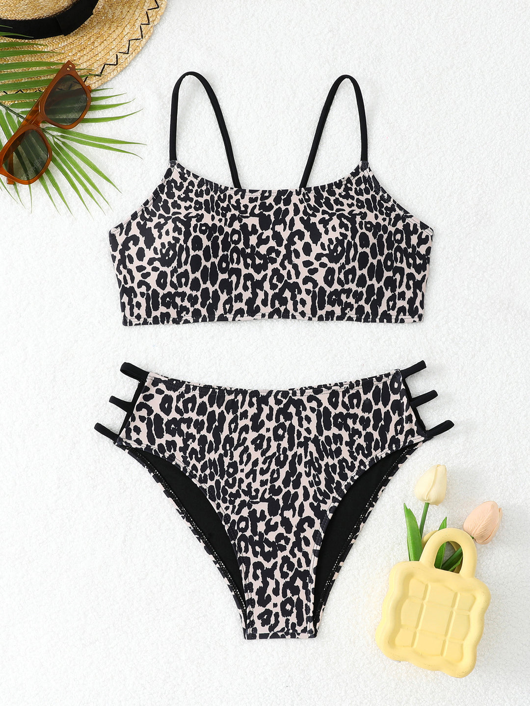 Dame leopardmønster bikini-sæt med sporty detaljer Skovae