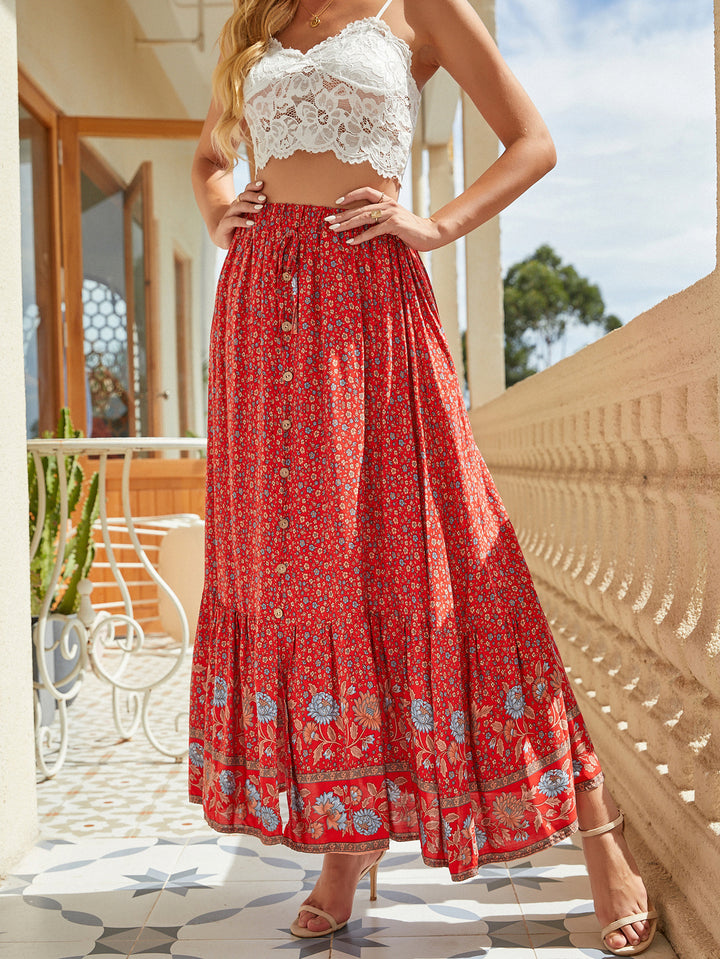 Dame Maxi-nederdel med knapbar front og floral kant Stilla