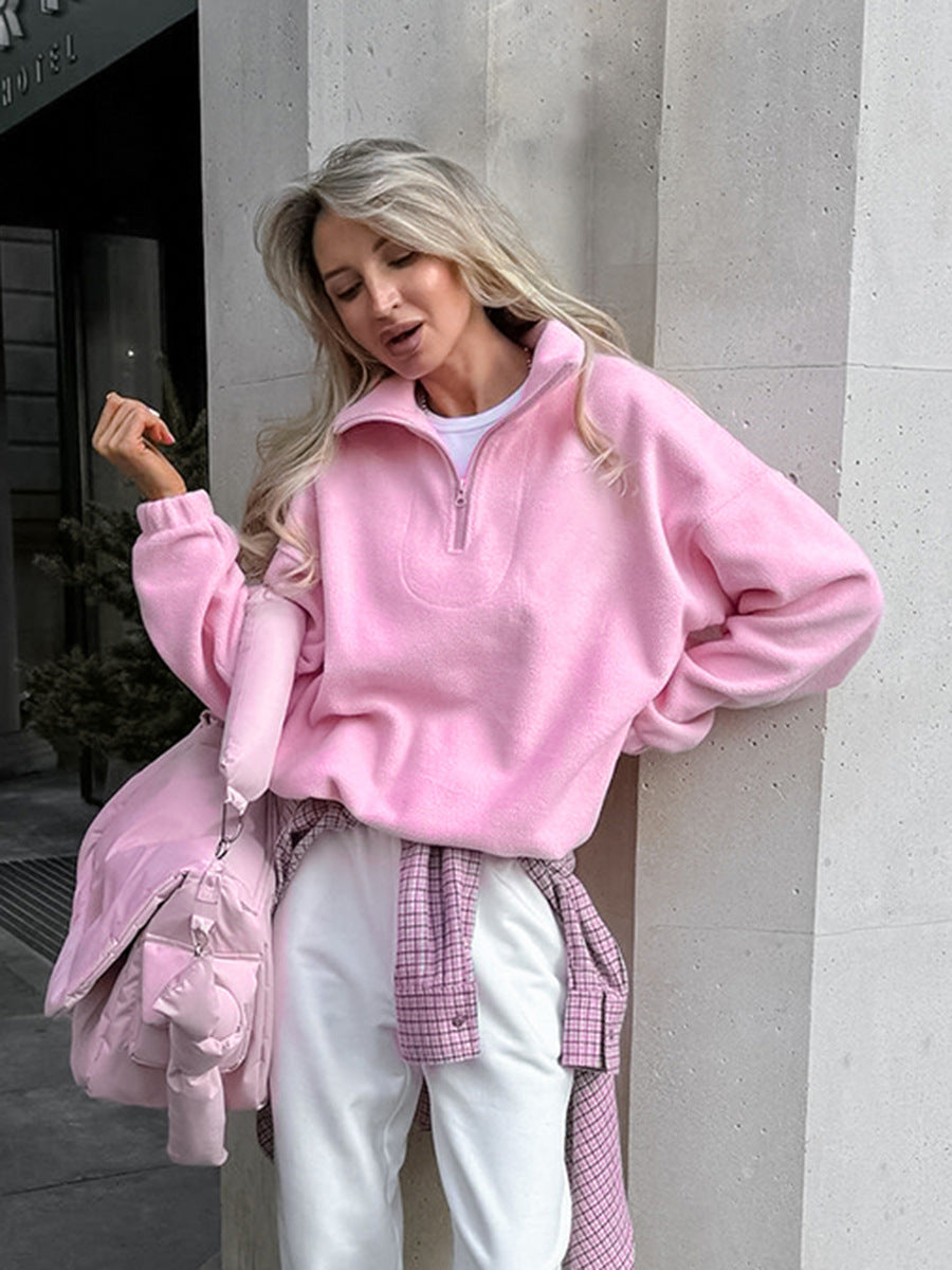 Dame fleece-pullover med halv lynlås og oversized pasform Stilla