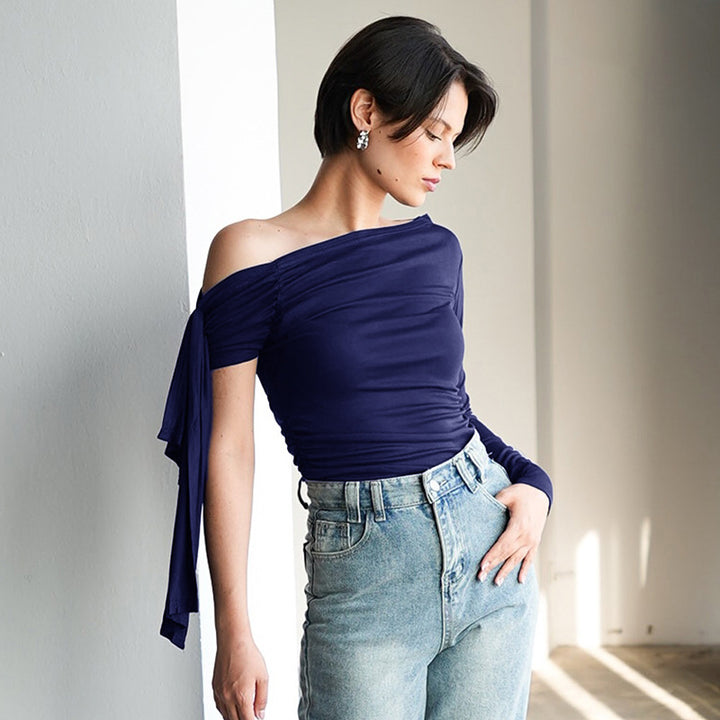 Femme Asymmetrisk Langærmet Rynkning Top Stilla