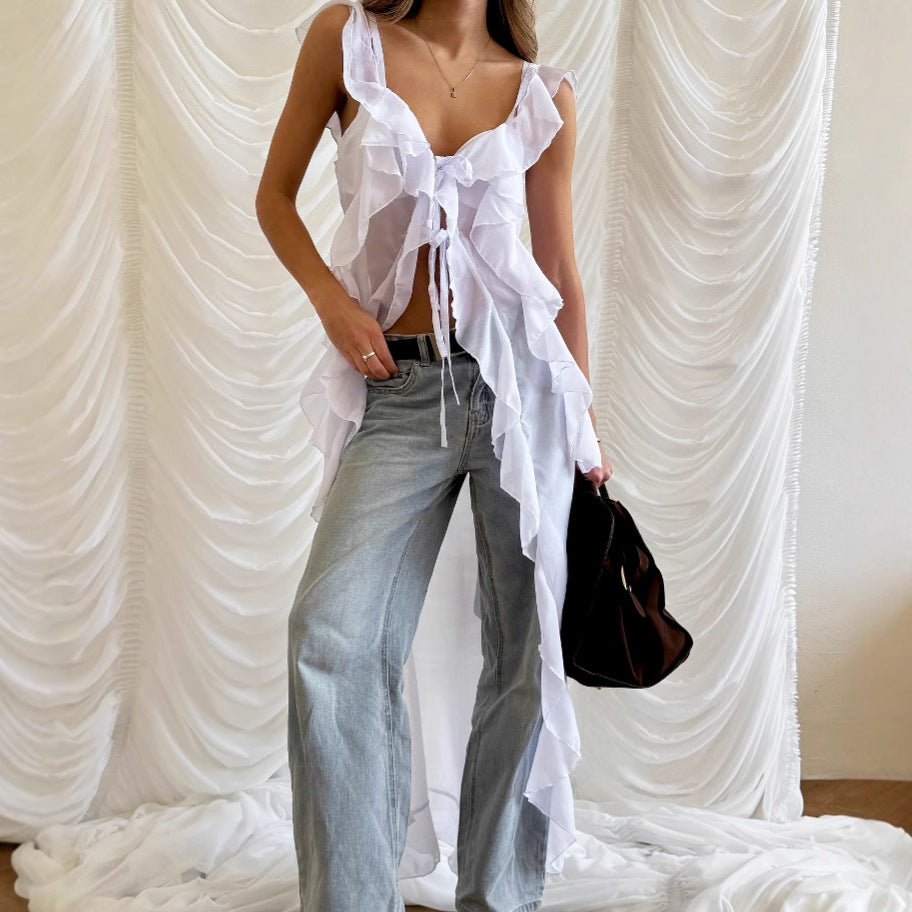Dame Rynke-overlay-bluse med minimalistisk knaplukning og flydende snit Stilla