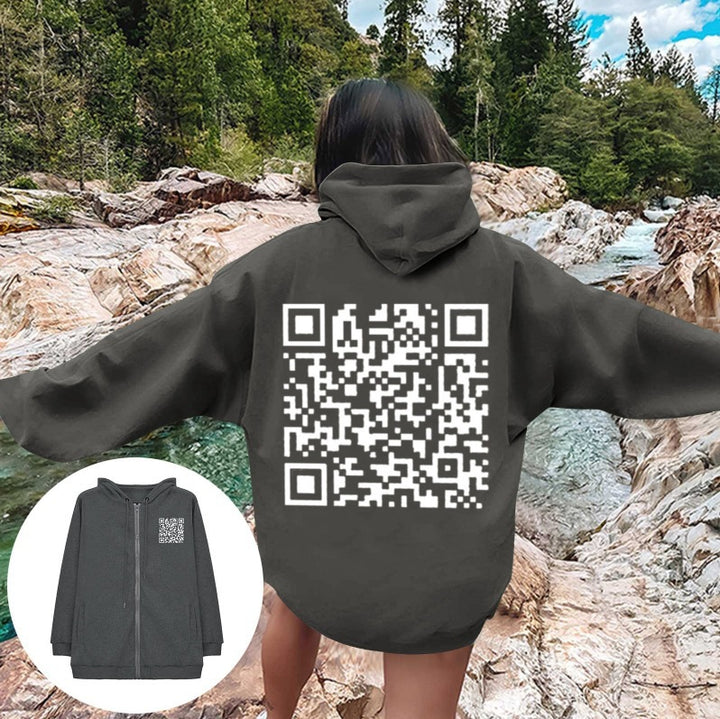 Kvinders hættejakke med QR-kode design og blødt fleece Skovae
