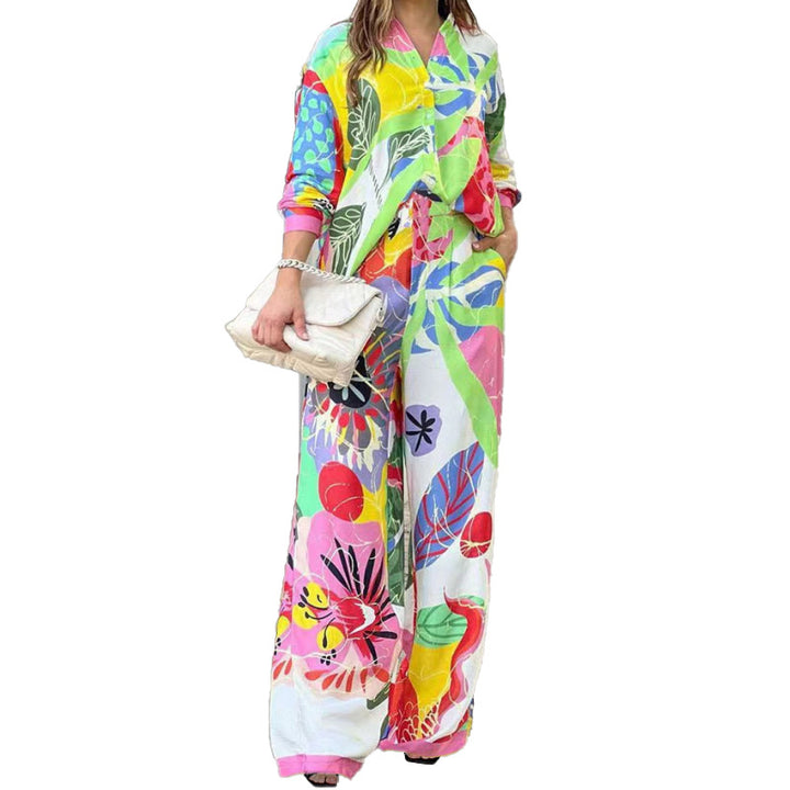 Kvinders elegante to-delt jumpsuit med farverigt blomstermønster og løs pasform Stilla
