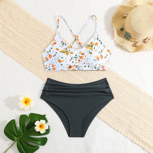 Dame bikini sæt med blomster top og høj taljede shorts Stilla