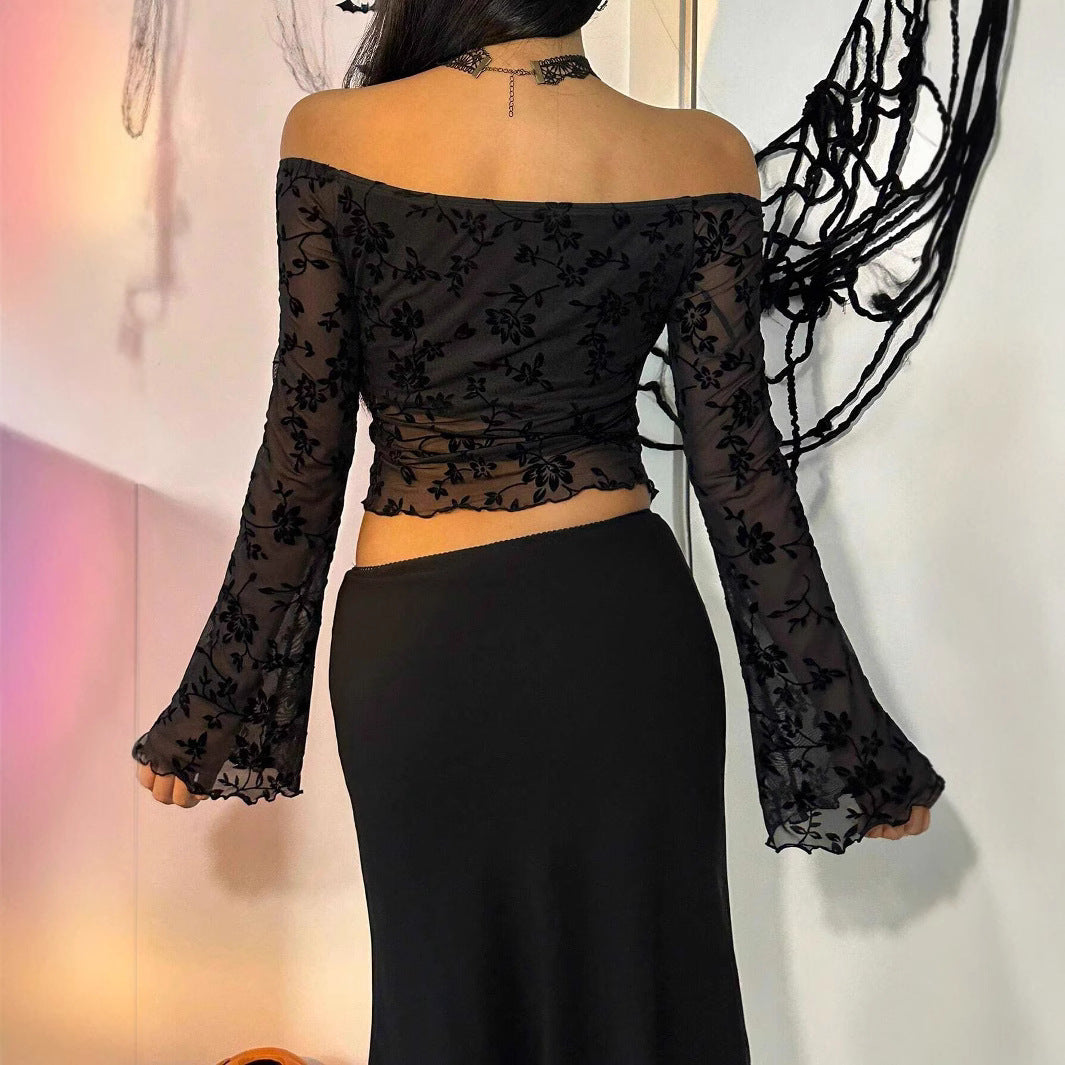 Dame nan transparent mesh-top med floral velour-applikation, Carmen-udskæring og kort talje-nederdel Skovae