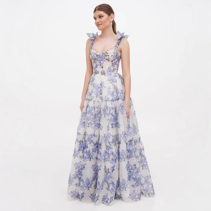 Kvinder Elegant Maxi Kjole med Blomsterdetaljer og Rynkede Stropper Skovae