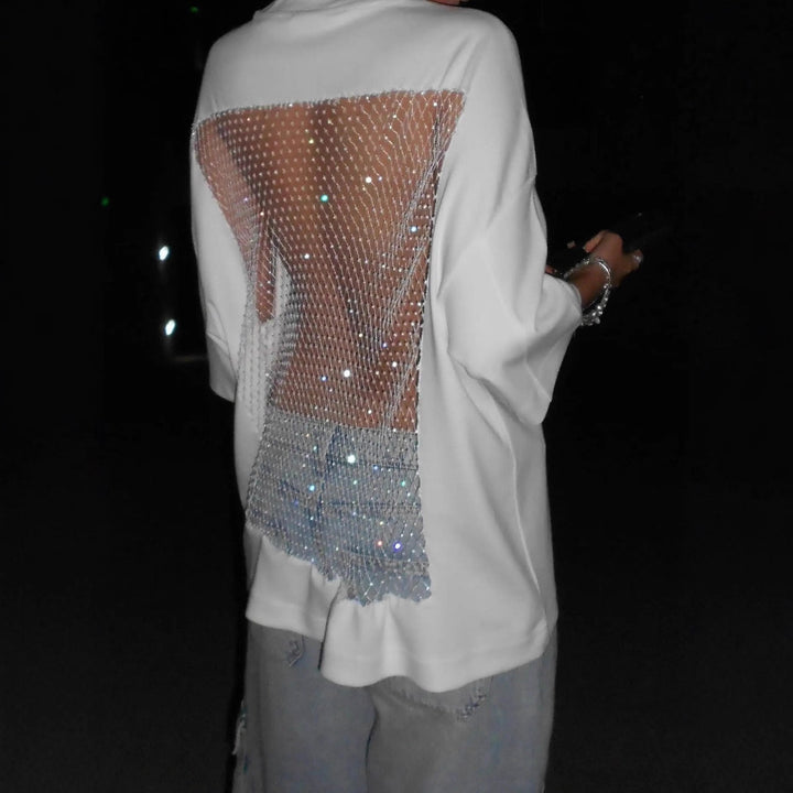 Dame nan Oversize-T-shirt med transparent netbag, strassbesætning og jeansprint Skovae