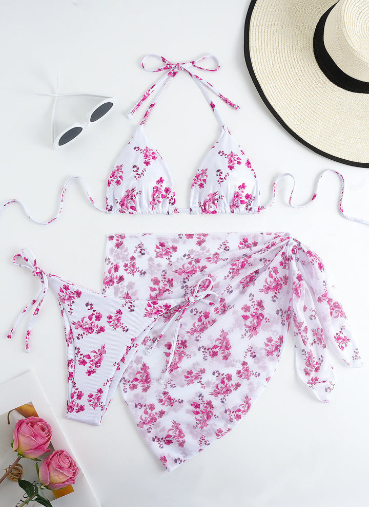 Dame triangulær bikini med blomstermønster og delikat cover-up Skovae