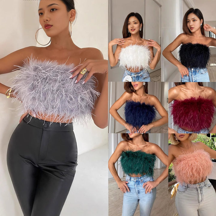 Dame Crop-Top i fjer-stof med charmerende design Skovae