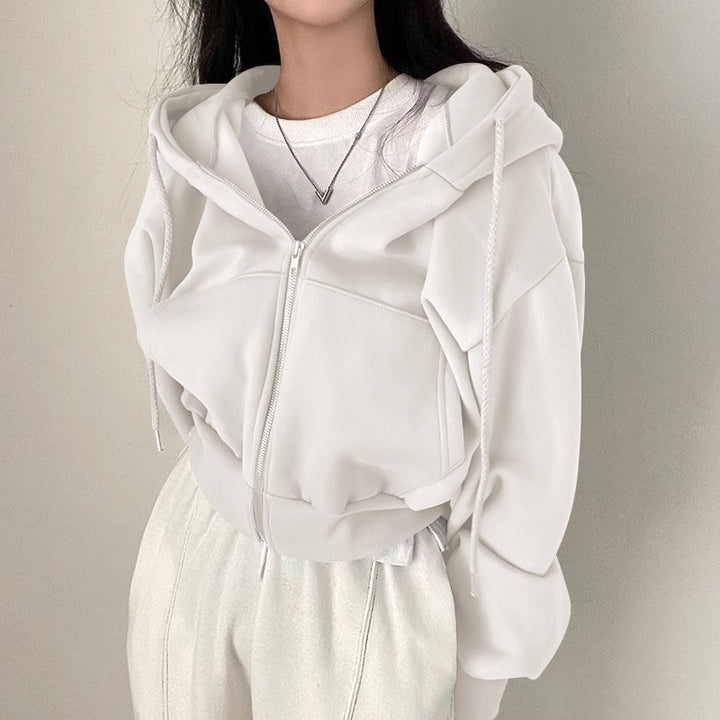 Kvindernes kortede hoodie med lynlås og afslappet stil