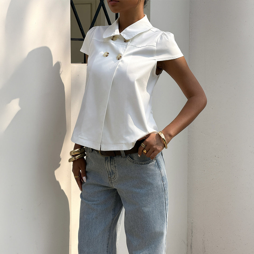 Dame elegant bluse med fine knapdetaljer og krave Skovae