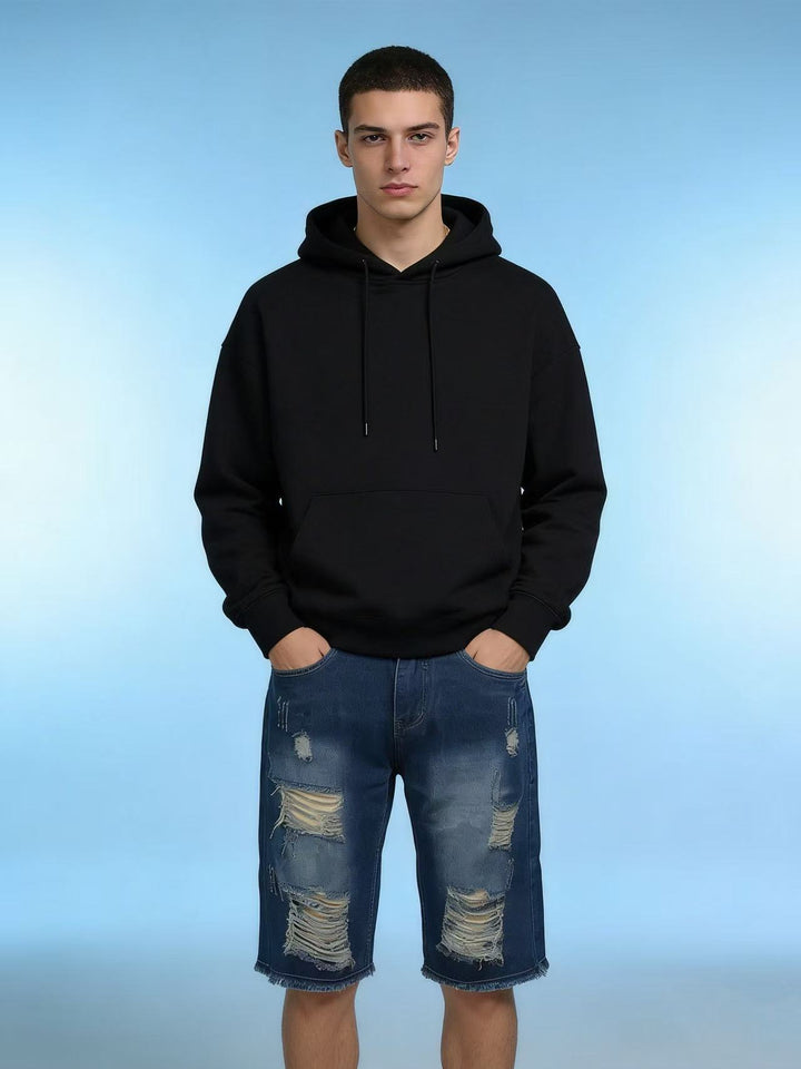Herrer afslappede destroyed jeansshorts med fransede afslutninger og bredt ben Skovae