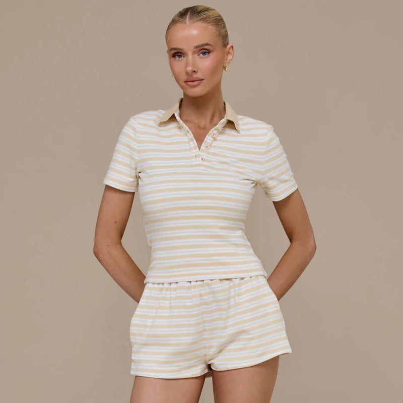 Damen gestreiftes Schlafset mit Poloshirt und Shorts Skovae