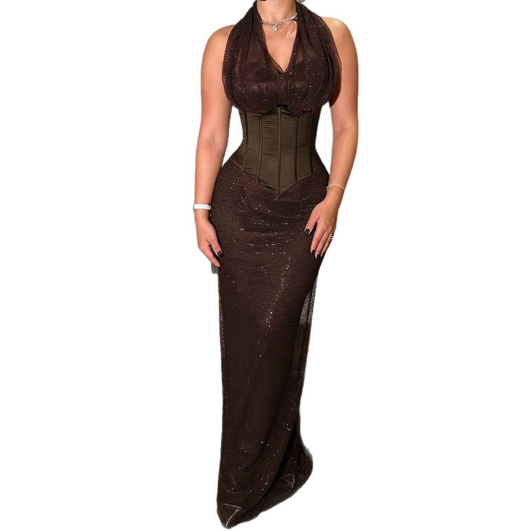 Damen elegantes Abendkleid mit tiefem V-Ausschnitt und Rüschendetails Skovae
