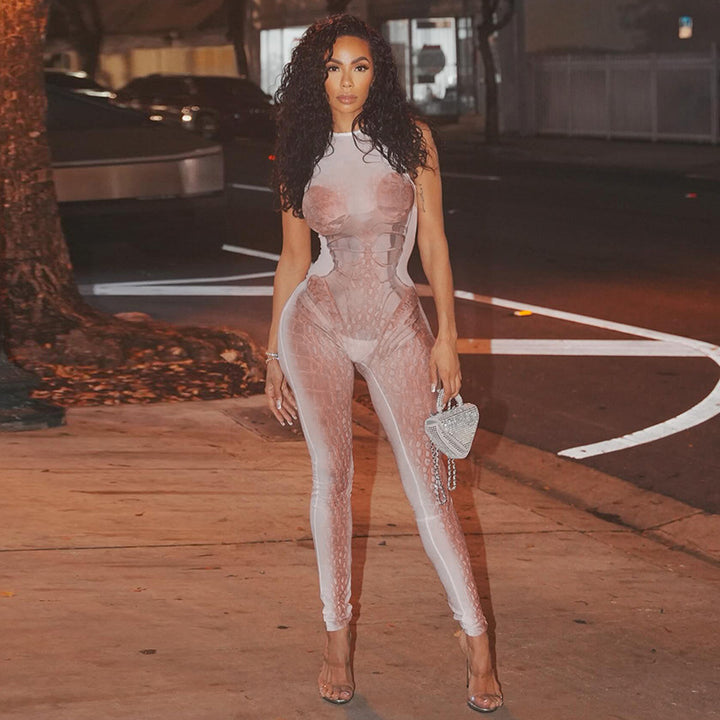 Dame Elegant og tætsiddende jumpsuit med transparente indsatser Skovae