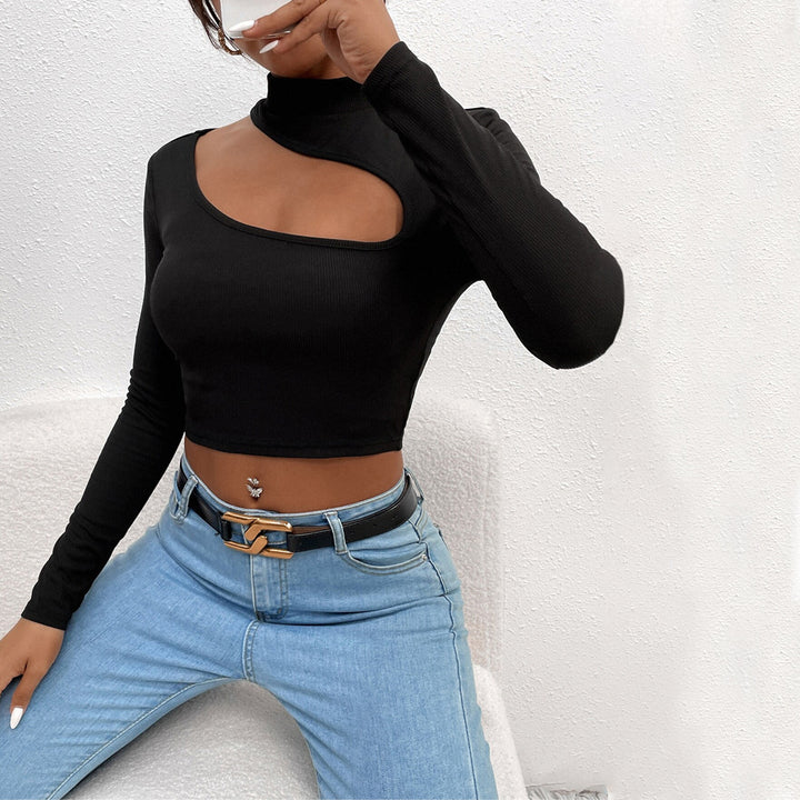 Kvinders langærmet crop top med asymmetrisk halsudskæring og elegant stående krave Stilla