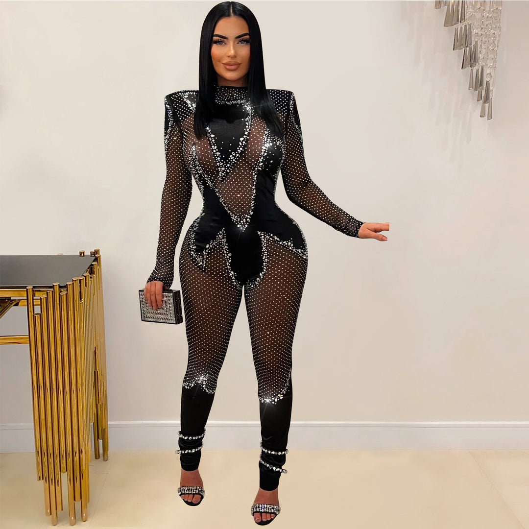 Dame Elegant Bodysuit med glitrende strass-detalje og gennemsigtigt design Stilla