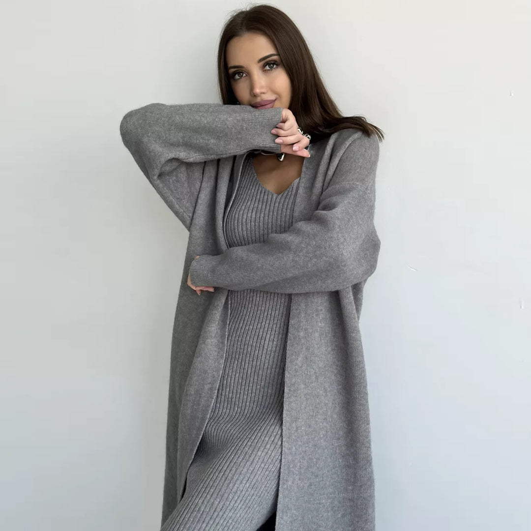 Dame ribstrik kjole med lang cardigan Stilla