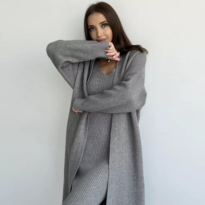 Dame ribstrik kjole med lang cardigan Stilla