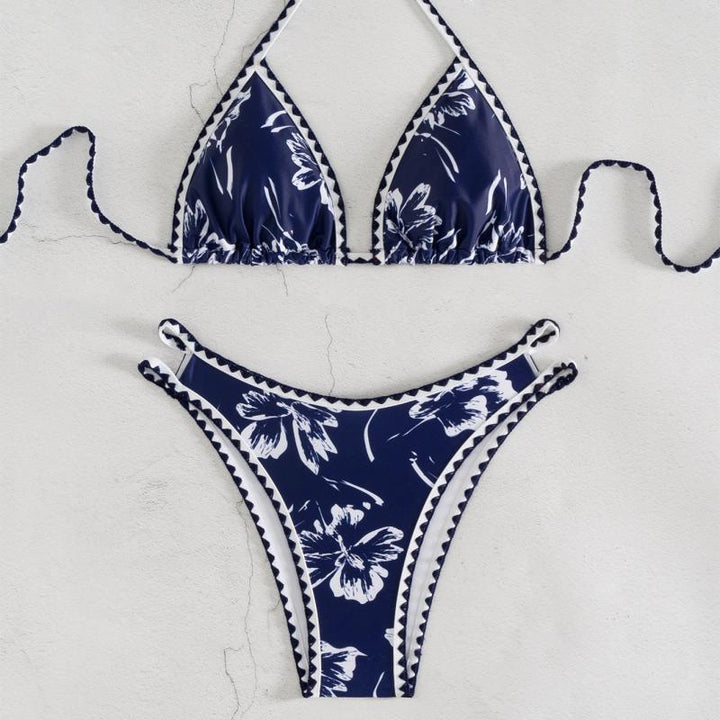 Dame triangel-bikini med blomsterdesign og justerbare stropper Skovae