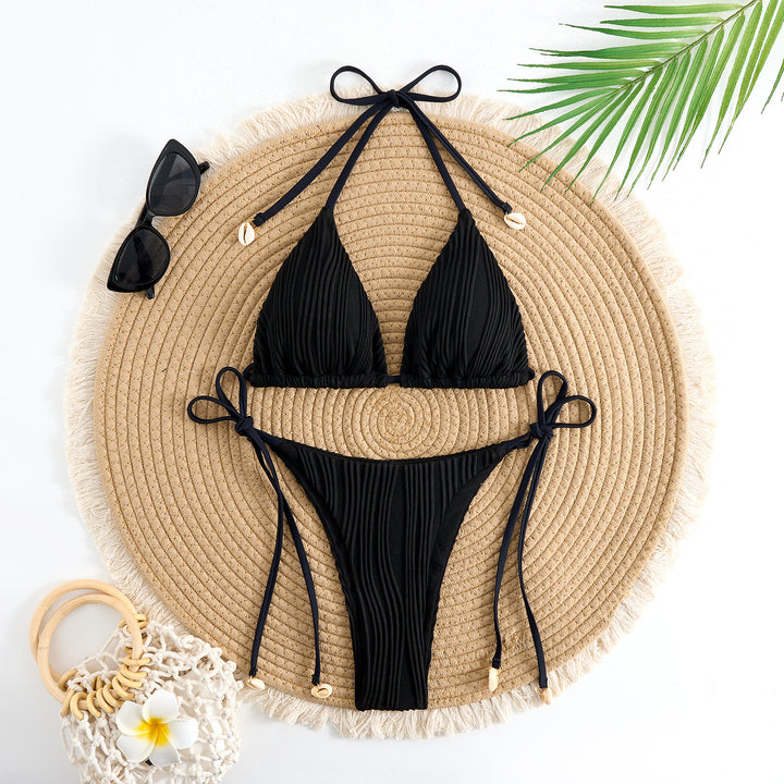 Dame triangel-bikini-sæt med justerbare snøredetaljer og krøllet design Skovae