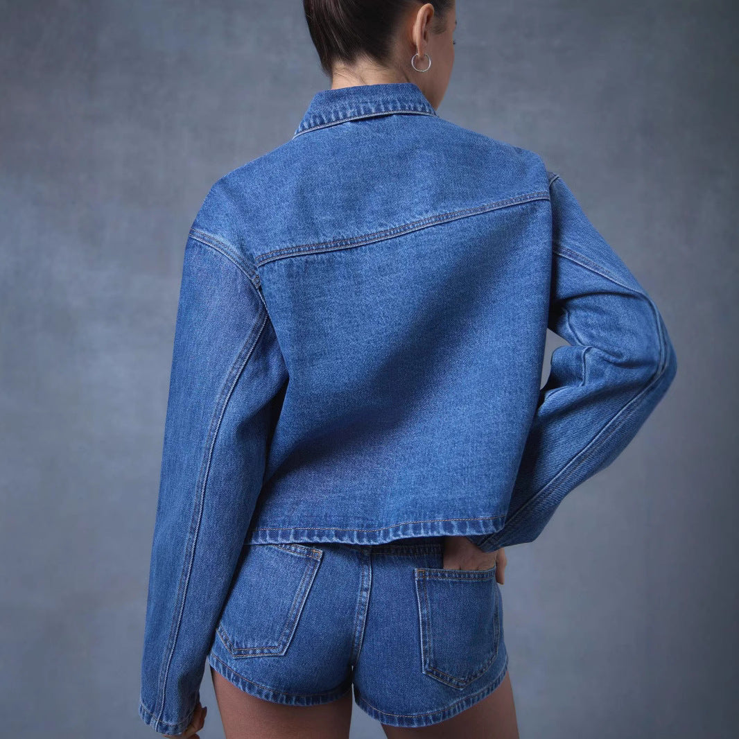 Dame Moderne Denim Jakke med Bindebælte Skovae