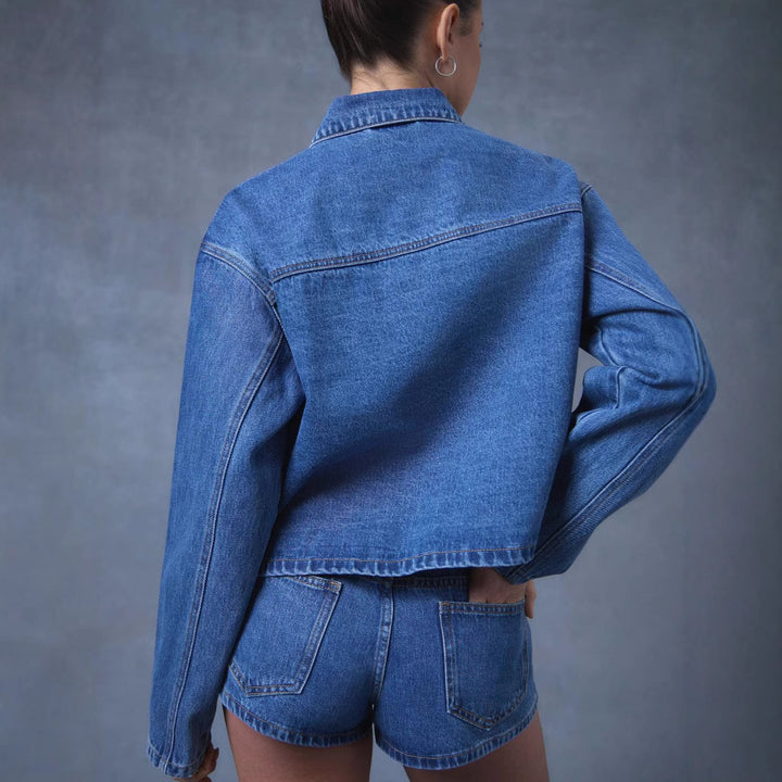 Dame Moderne Denim Jakke med Bindebælte Skovae