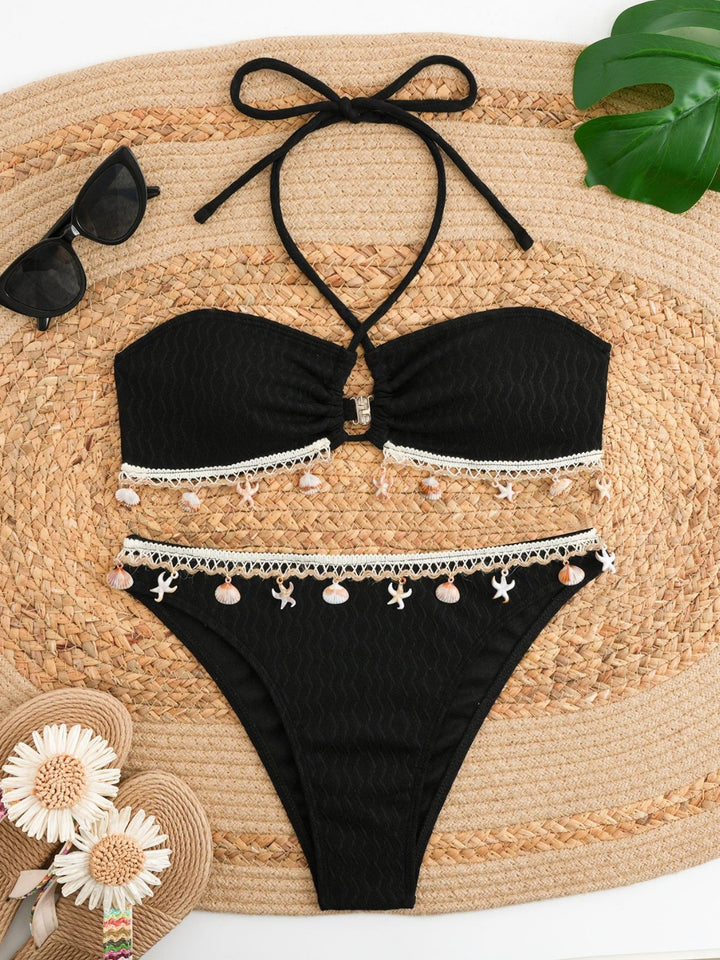 Dame Bikini-sæt med elegant bånd og detaljerede muslingedekorationer Skovae