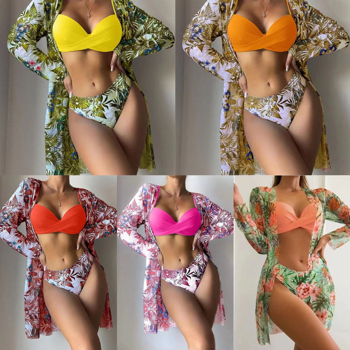 Dame Strand-Bikini med florale udsmykninger og elegant kimono Skovae