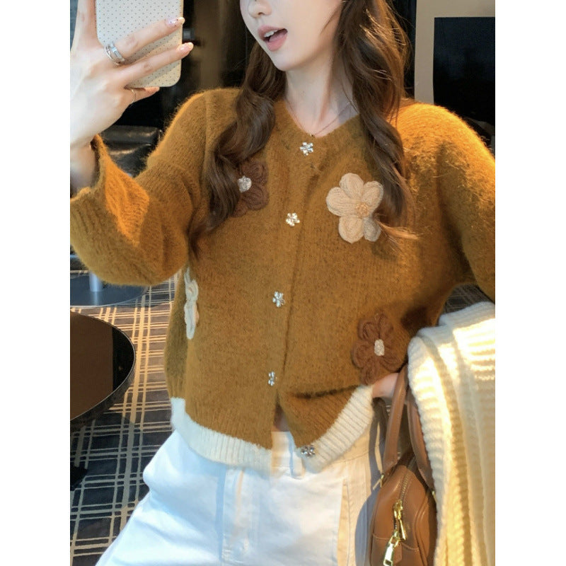 Dame Cozy Cardigan med Blomsterapplikationer Stilla