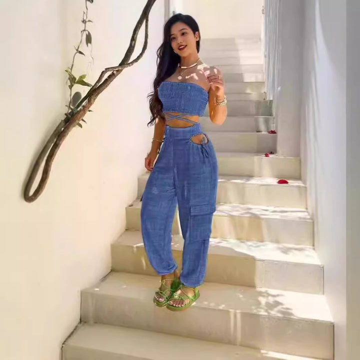 Dame Moderne To-delt bestående af Crop Top og Cargo-Bukser Skovae