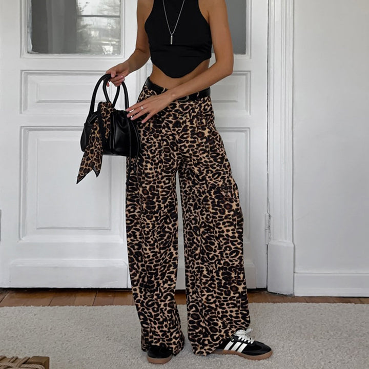 Dame Bred Leopard-Bukser i trendy Casual-look med elastisk kant Stilla