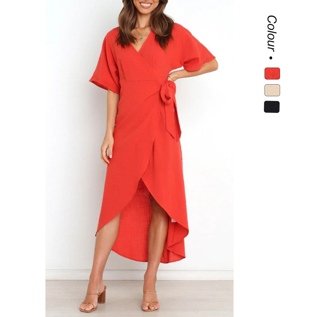 Women's wrap dress with elegant V-neckline and fashionable waist belt