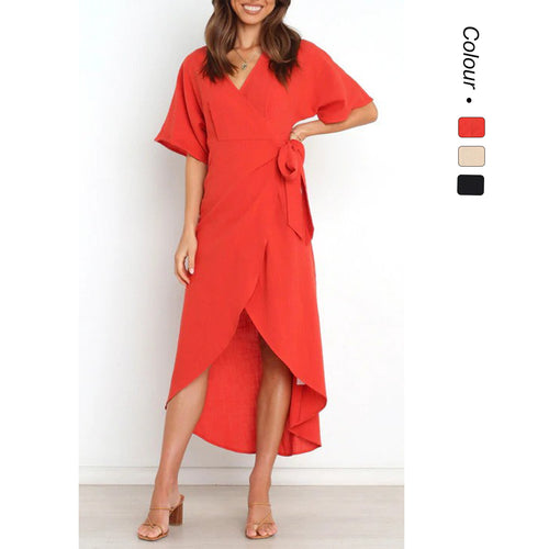Women's wrap dress with elegant V-neckline and fashionable waist belt