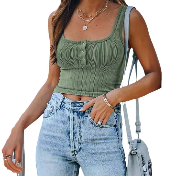 Dame moderigtig rib-tanktop med knapdetaljer Stilla